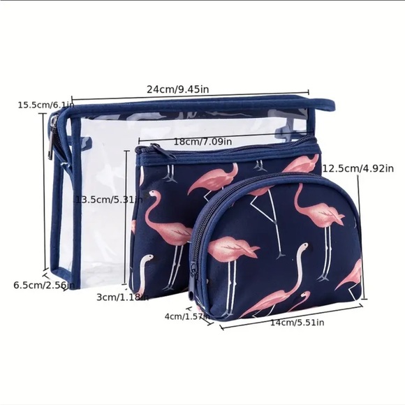 Flamingo Print Pink and Blue Cosmetic Bag Trio Set with free items NWOT - Picture 11 of 12
